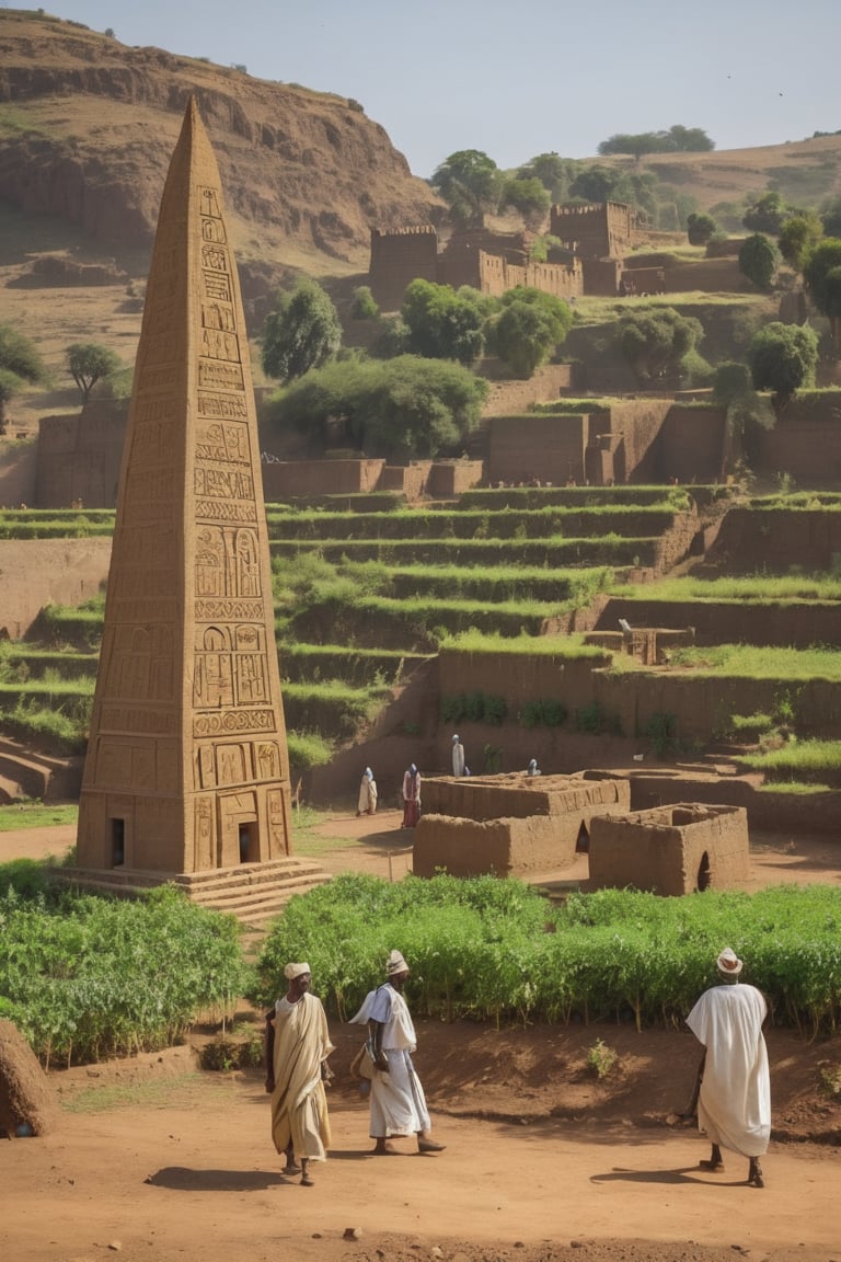 8K, UHD, portrait, full_body perspective, photo-realistic, cinematic, photo of ancient ethopia farmers plying land, green farm, 800 BCE, dark skin, perfect composition, beautiful detailed intricate ancient Lalibela style fashion, detailed patterned fabric headwear, stone jewelry, perfect light, masterpiece, extravagant city of Aksum palace, stone churches, Sabean architecture, obelisk with carvings, Aksumite Civilizations, sheeps