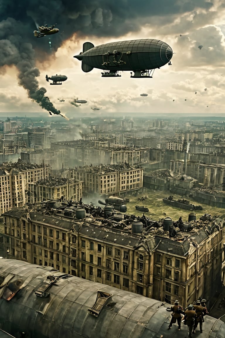 8K, UHD, panaromic perspective, photo-realistic, cinematic, german soldiers shooting machineguns at sky, first-person-view from top of building, photo of many german steampunk blimps in sky, many fighter aircrafts, volumetric cinematic dark light, vintage tinted, dystopian lighting, masterpiece, dark clouds, world war 1, perfect composition, pilot with gas mask in blimp, dystopian skies, old photograph colour, war scene, battle, nazi soldier, tall building, devastation below, demolished buildings, multiple explosions, bombs dropping