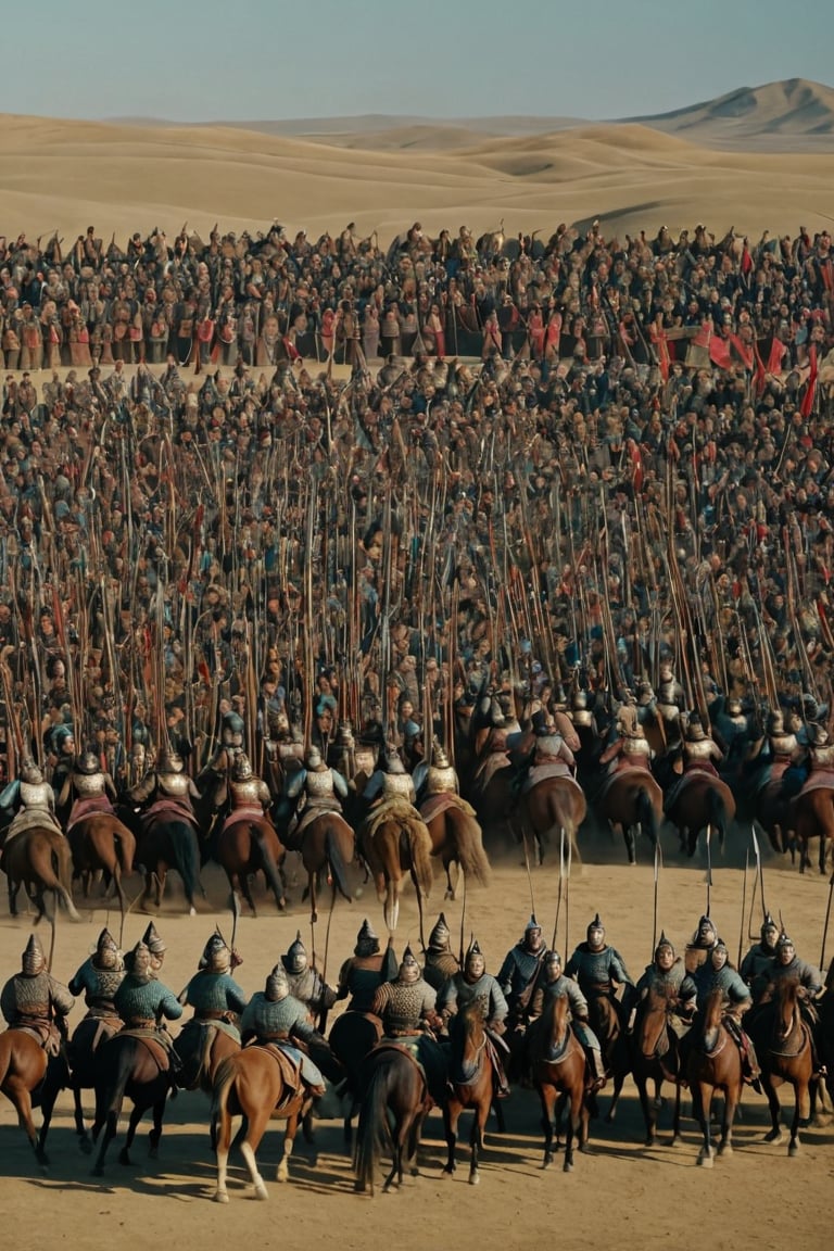 8K, UHD, panaromic shot, photo-realistic, cinematic, dark light, dystopian lighting, photo of ancient mongolians, multiple mongol warriors, tanned skin, perfect composition, detailed intricate ancient mongolian fashion, fighters shooting bows and arrows, swords, war scene, battle, detailed patterned headwear, fur, riding horses, sand volumetric, masterpiece, tents, charging on horses, gobi desert.