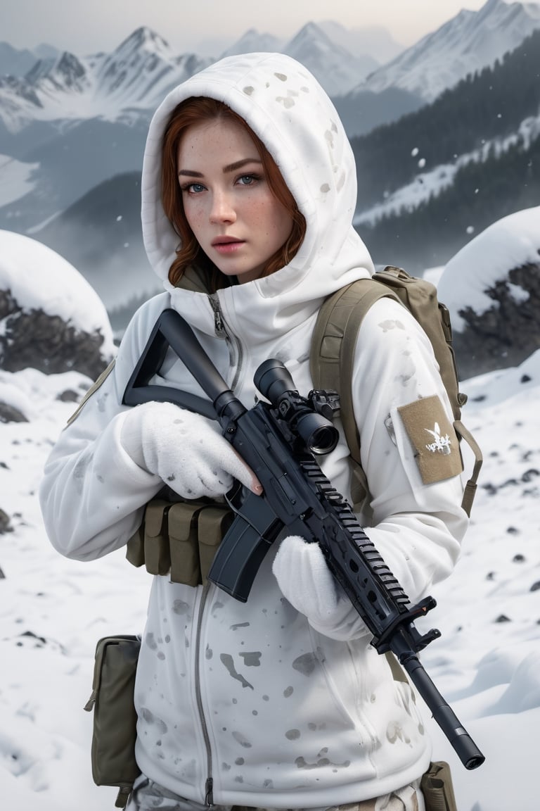 8K, UHD, cinematic, photo-realistic, detailed freckled face, back perspective view, (white female snowwear with hoody) (white Barrett MRAD:1.1) white camouflage pants, white backpack, (position prone:1.1) on snowy mountain, target crosshair, under white camouflage net, aiming at enemy platoon afar,  masterpiece, aesthetic, depth, heavy snow fall, atmospheric mist, hazy environment