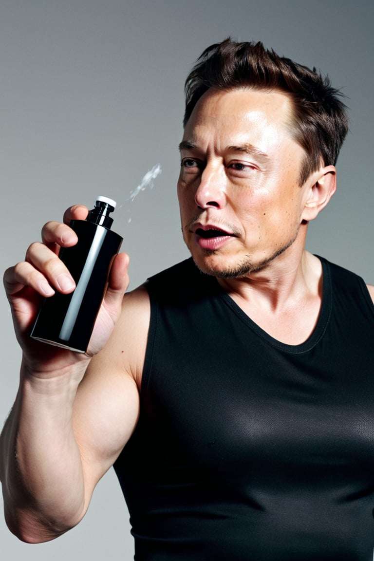 8K, UHD, wide-angle perspective, photo-realistic, cinematic, Elon Musk depressing nozzle of perfume, spraying perfume under his under arm, raised armpit, very fine spread vapour, clothed, word "Musk" on bottle