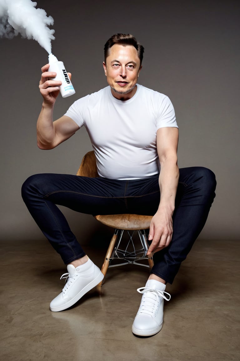 8K, UHD, wide-angle perspective, photo-realistic, cinematic, Elon Musk spraying deodorant into shoes, ultra fine vapour,  word "Musk" on bottle