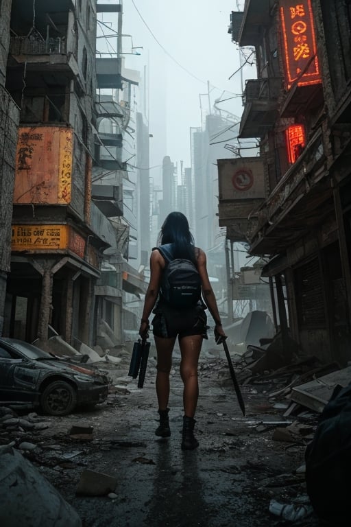 beautiful asian girl navigating a post-apocalyptic wasteland with a backpack, machete, and robotic dog, cyberpunk, futuristic, dynamic lighting, uplighting, cinematic, atmospheric, detailed textures, gritty aesthetic, cybernetic enhancements