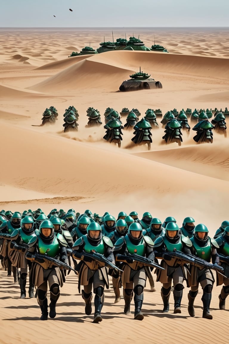 8K, UHD, low-angle perspective, panoramic, photo-realistic, cinematic, scene from dune movie, many Ordos soldiers carry weapon in Ordos base, green armour, tinted full helmet, in desert, sand dust blowing, many enormous harvesters harvesting, multiple futuristic hovercrafts flying in skies