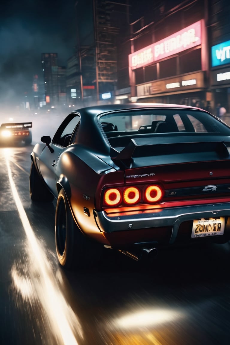 8K, UHD, first-person low-angle perspective, panoramic, photo-realistic, cinematic, dystopian lighting, dark atmosphere, japanese fast and furious. pretty driver girls, muscle cars, speed chase, smoke, mist, racing