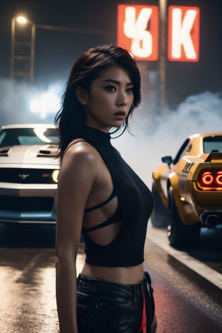 8K, UHD, low-angle perspective (portrait of girls:1.1) photo-realistic, cinematic, dystopian lighting, dark atmosphere, japanese racing,  muscle cars, speed chase, smoke, mist