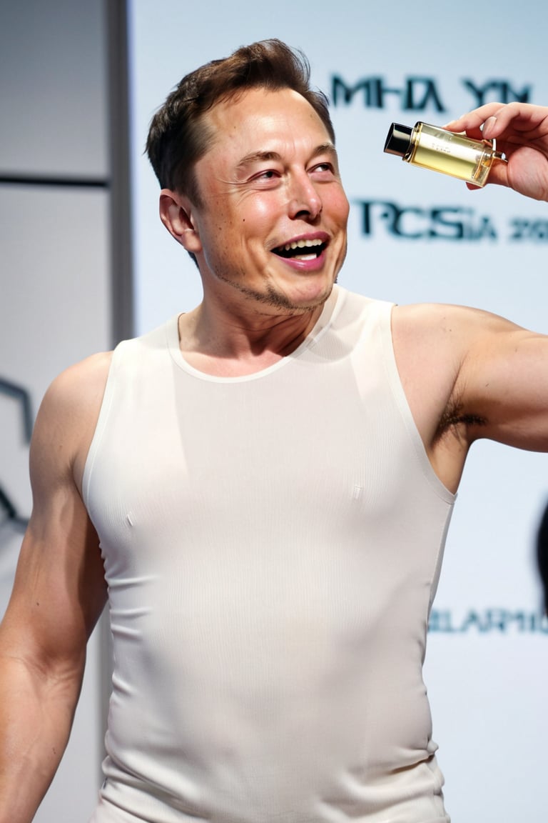 8K, UHD, wide-angle perspective, photo-realistic, cinematic, Elon Musk spraying perfume under his armpit, clothed