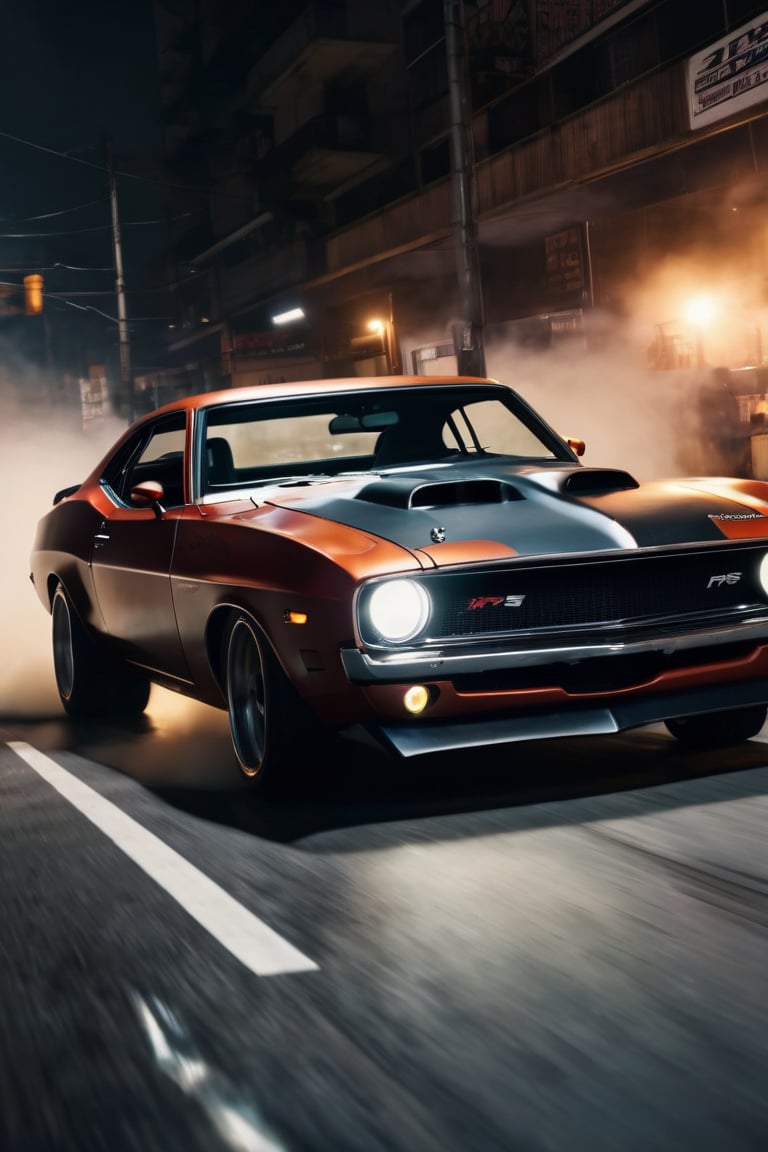 8K, UHD, first-person low-angle perspective, panoramic, photo-realistic, cinematic, destopian lighting, dark atmosphere, japanese fast and furious. muscle cars, driver pretty girls, speed chase, smoke, mist