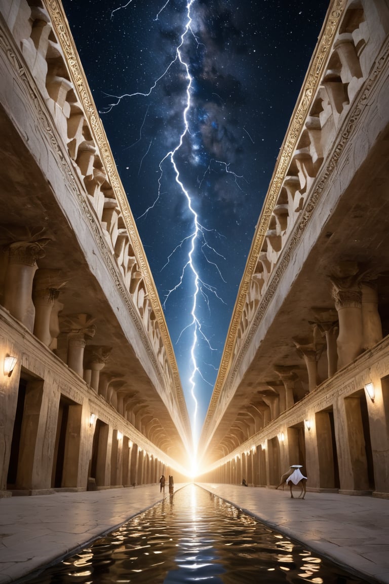 8K, UHD, low angle shot from feet-level, photo-realistic, cinematic, (first-person perspective:1.1), (perfectly smooth pyramidal shape:1.2) pyramid fully-covered in seamless smooth white marble, pure gold capstone, canal of water across, lightning sparks emitting from top, dessert, egyptians in robes and hoodie walking towards, camels feeding, perfect lighting, stunning view, dim skies, constellations clearly seen in skies, cosmic alignment 