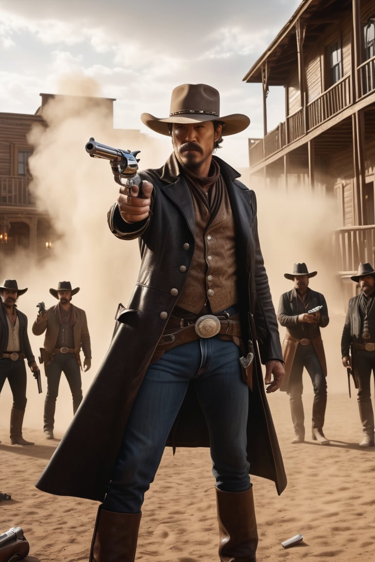 8K, UHD, wide angle shot, photo-realistic, cinematic, perfect lighting, cowboy shot, pointing revolver at group of thugs, shiny silver pistols, shooting drunks, bullets flying, gambling cards, old west, gun fights, gloomy sandstorm, western bar