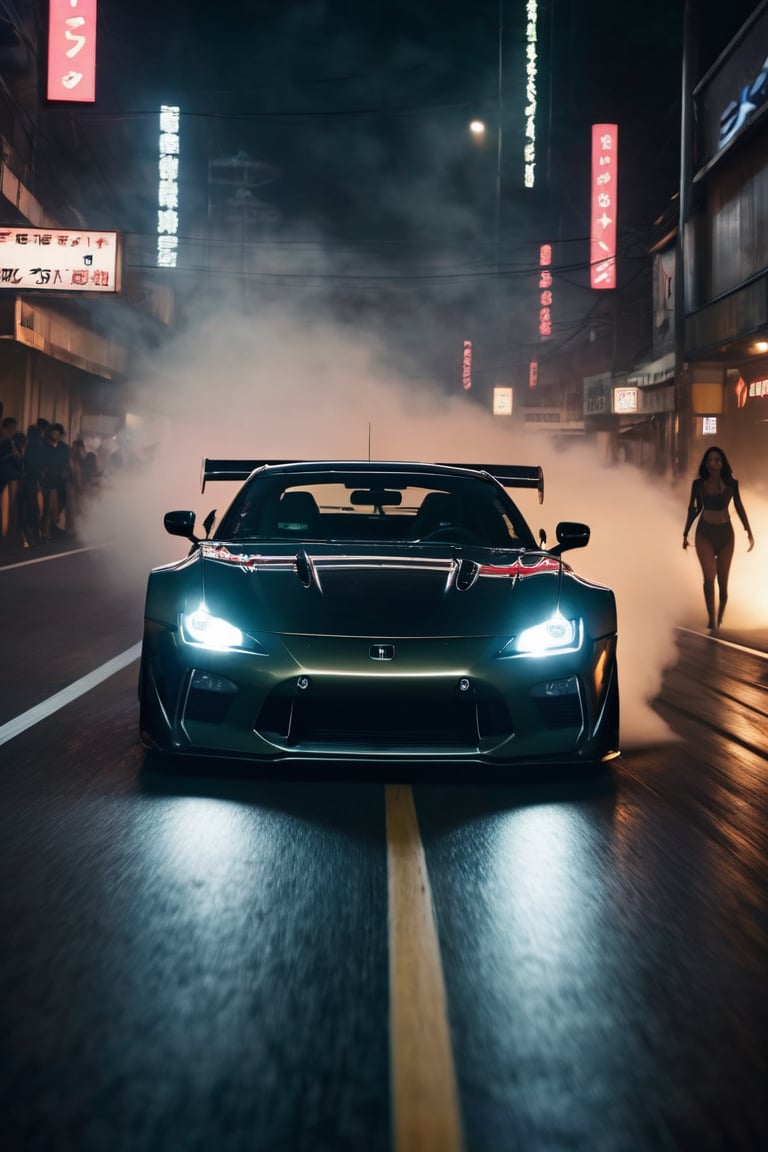 8K, UHD, low-angle perspective, portrait of girls, photo-realistic, cinematic, dystopian lighting, dark atmosphere, japanese fast cars, speed chase, smoke, mist, racing