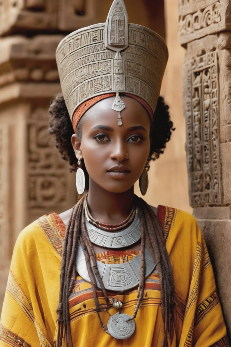 8K, UHD, portrait, full_body perspective, photo-realistic, cinematic, photo of ancient ethopia girl royalty, 800 BCE, dark skin, perfect composition, beautiful detailed intricate ancient Lalibela style fashion, detailed patterned fabric headwear, stone jewelry, perfect light, masterpiece, extravagant city of Aksum palace, stone churches, Sabean architecture, obelisk with carvings, Aksumite Civilizations, pet walia ibex