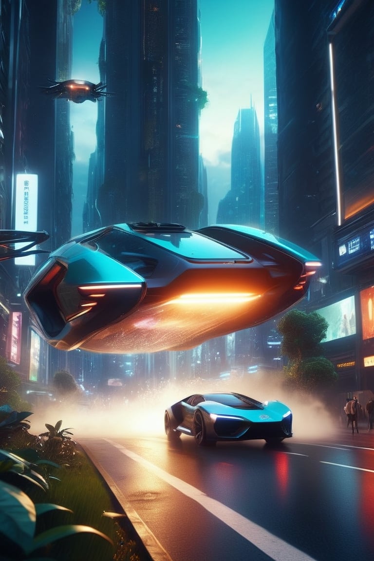 8K, UHD, cinematic, hyper-realistic (1st-person view:1.1) from inside flying car, world where technology and nature intertwine, unsymmetrical messy buildings, city upon city (flying vehicles:1.1) futuristic metropolis, skyscrapers adorned with verdant greenery, people walking in street, holographic billboards floating in the air, neon and bioluminescence, dark night environment, night scenes, atmospheric mist