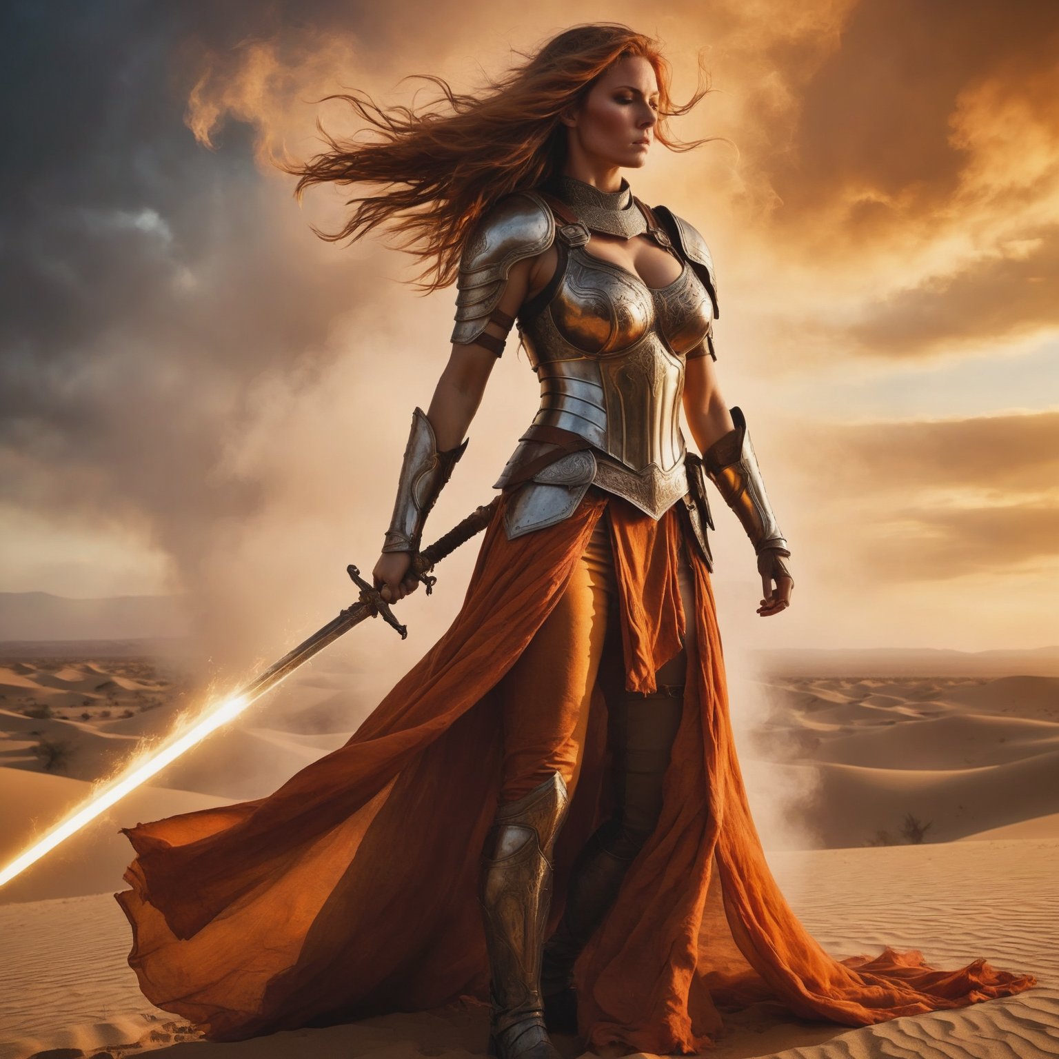 A majestic Swedish knight perches triumphantly atop a colossal sandy mound as sunset's blazing orange illumination defines her armor, emphasizing the subtle curve of her bust and the contours of her athletic physique. Her sword tip barely grazes the dune's surface as she fixes the viewer with an unyielding gaze, her steadfast form bounded by turbulent clouds of sand and wild hair. Flames dance from the sword, casting a heroic visage against a canvas of golden light and crimson desert hues. The lower portion of her armor morphs into wispy smoke. Her chiseled physique, honed through rigorous training, commands attention as she stands victorious in the fiery desert landscape.