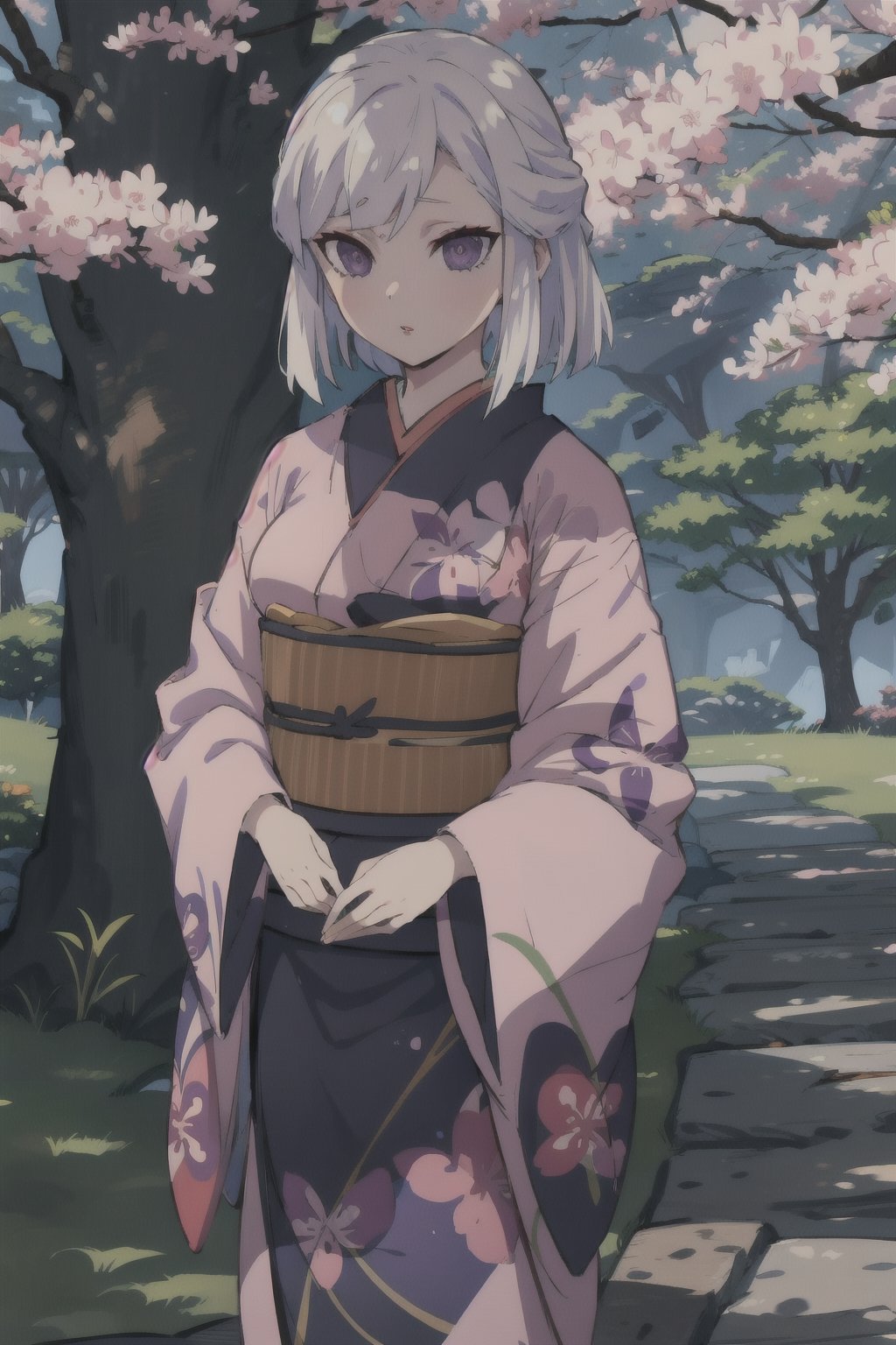 masterpiece,  best quality,  highest quality,  detailed background, Amane_Ubuyashiki,  1girl,  solo, white hair, black kimono, open kimono, exposed breasts, breasts, makeup,  obi,  red lips,  long sleeves,  wide sleeves, purple eyes,  asymmetrical hair,  sakura tree,  standing, (lora:EMS-59701-EMS:1.000000) 