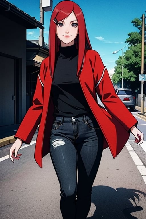 Full body, 1girl, Kushina_NS, light smile, grey eyes, ((red hair)), hairclip, ((Kushina Uzumaki)), black shirt, black jeans, red jacket, perfect body, perfect eyes, masterpiece, best quality, 4K, HDR, cinematic lighting, Kushina_NS