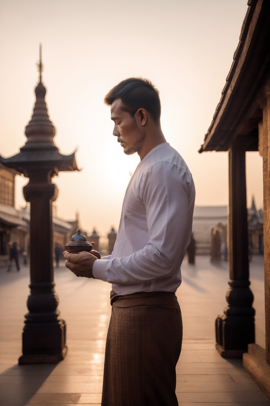 amm mc outfit,outdoors, traditional_media, thailand man standing, praying at the pogada, 20 years old man, handsome, praying, black outfit, pagoda image in the background, the pagoda is golden color, sunset, warm color, high_resolution, detail skin texture, detail background, wide angle shot,photorealistic, 4k, realistic skin, soft light, perfect hands, looking at the pagoda, eyes_half-closed, ,Portrait, perfect body, perfect posture, cinematic shot, shot from side, scenery,  traditional media, putting hands in front of the chest and praying