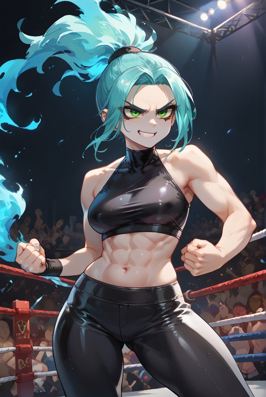 score_9, score_8_up, score_7_up, more detail XL, Expressiveh, colorful, backlit, wrestling ring background, rating_safe, 1girl, solo, zzEmber, latex crop top, latex pants, ponytail, aqua hair, grey skin, goth, blue fire, green eyes, smug, fighting stance, intense expression, facing opponent