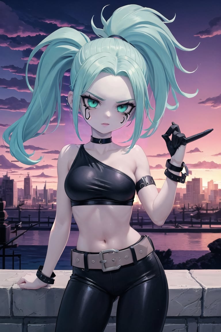 ((masterpiece,best quality)), absurdres,, Ember_McLain_Danny_Phantom, pony tail, aqua hair,smug, goth, big belt,blue fire and music notes in background, cinematic composition, contrapposto,(masterpiece),scenery