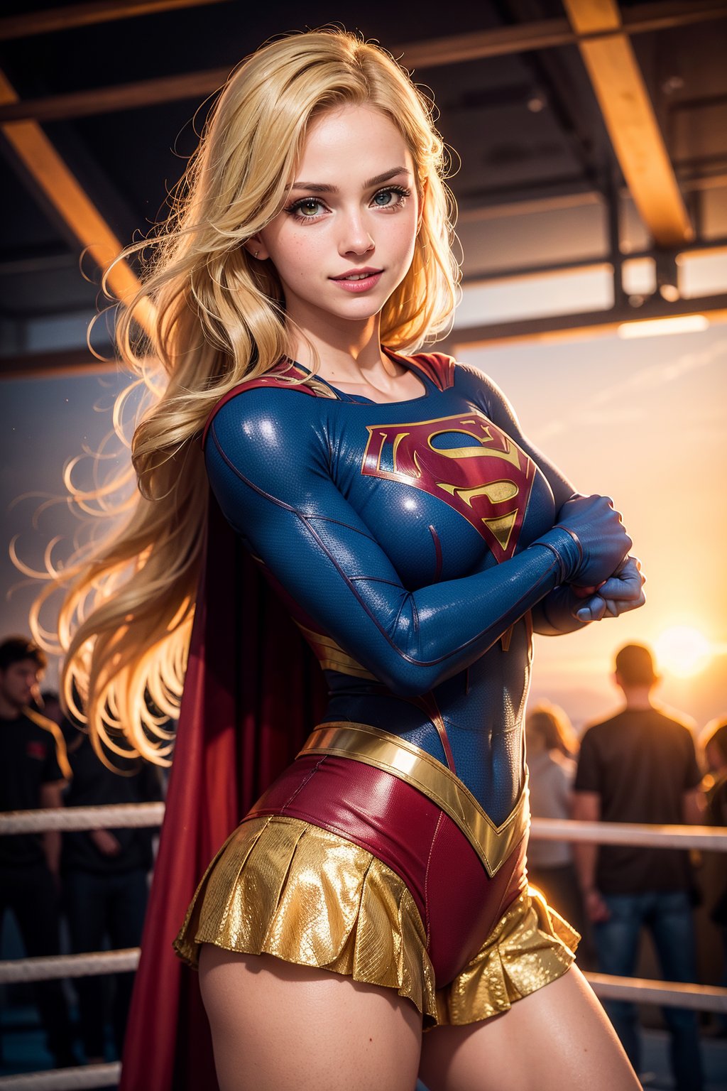 raw photo, (Supergirl), fashion photography of cute light blonde long hair girl (Supergirl), dressing high detailed Supergirl suit, (high resolution textures), in fighting stance, (in a wrestling ring), depth of field, detailed, sunset light passing through hair, perfect sunset, losspgirl, sexy smile