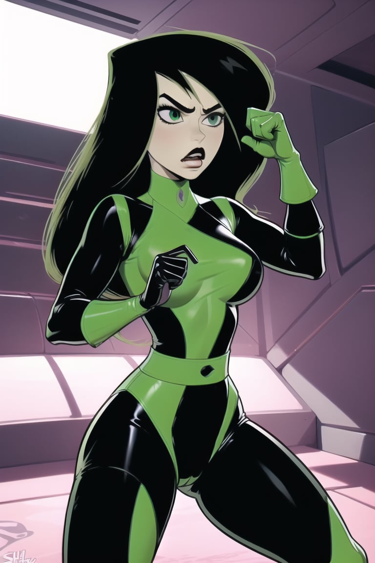 shego, (best quality), (highly detailed), masterpiece, 1girl, solo, looking_at_viewer, latex, glance angry, fighting_stance, fighting pose, fighting, wrestle, makeup,multicolored bodysuit, gloves, green eyes,sh1,shegosuit