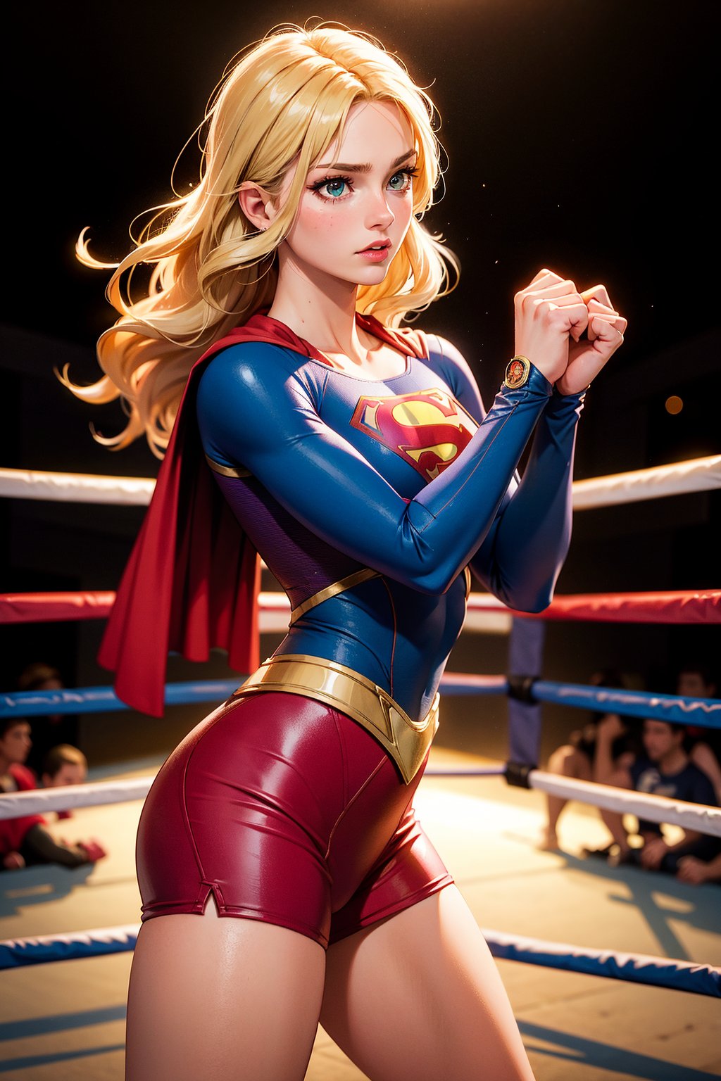 raw photo, (Supergirl), fashion photography of cute light blonde long hair girl (Supergirl), dressing high detailed Supergirl suit, (high resolution textures), in fighting stance, (in a wrestling ring), depth of field, detailed, sunset light passing through hair, perfect sunset, losspgirl