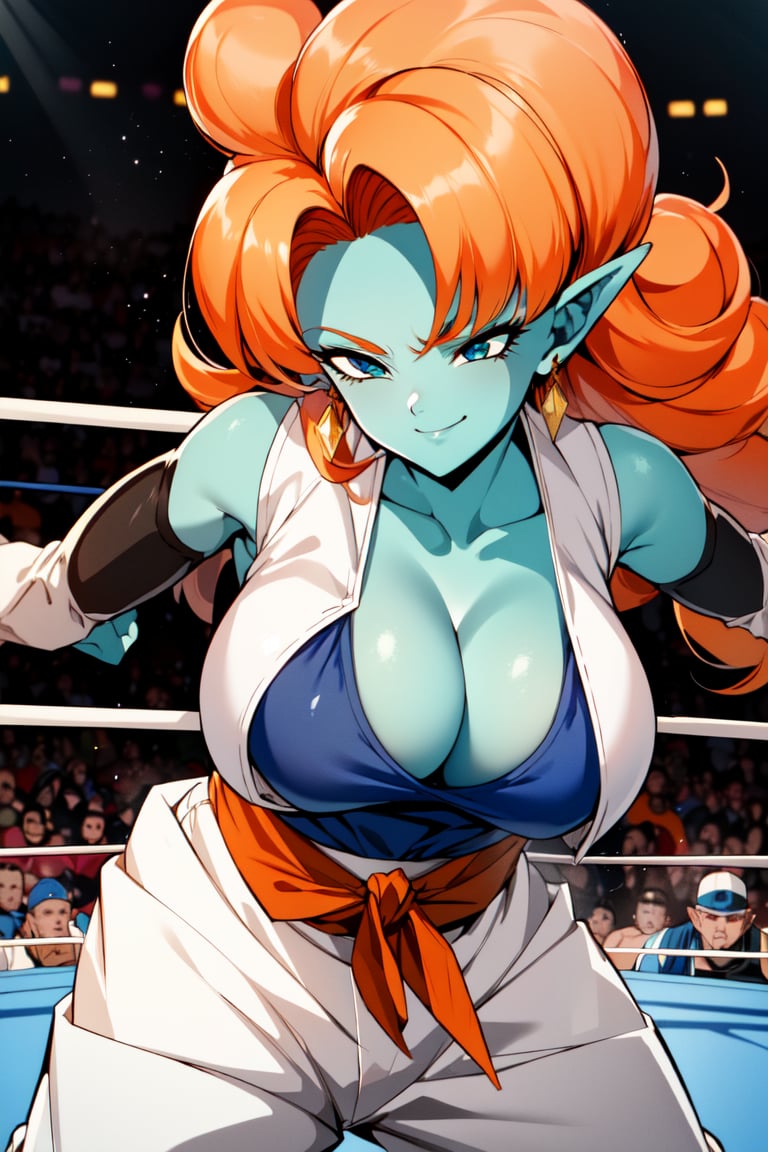 ((masterpiece, best quality)), big_boobies, absurdres, Zangya_DB, solo, 1girl, green skin, long orange hair, white baggy pants, vest, sash, black arm warmers, detailed face, smug, smile, in a wrestling ring, fighting stance, cinematic composition, dynamic pose