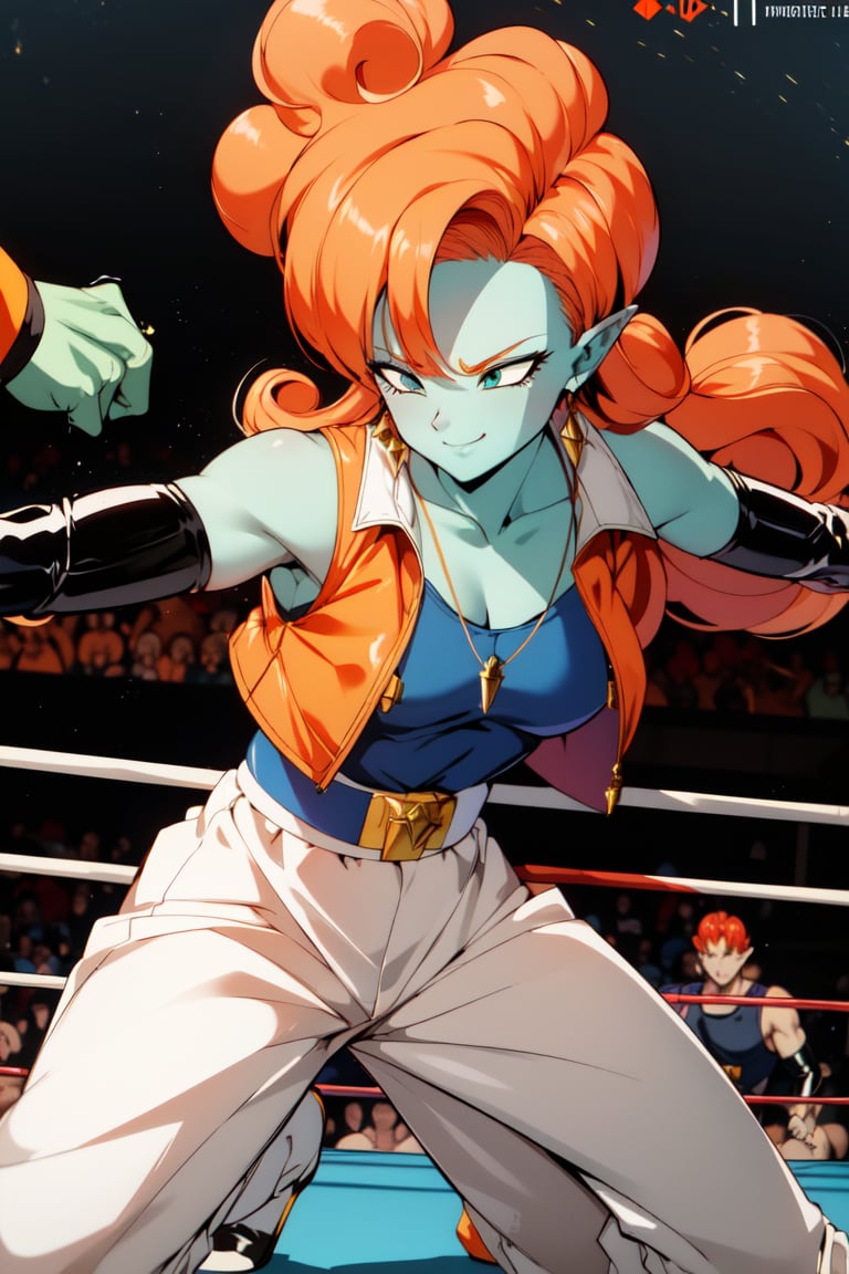 ((masterpiece, best quality)), absurdres, Zangya_DB, solo, 1girl, green skin, long orange hair, (latex cloathes), white baggy pants, vest, sash, black arm warmers, detailed face, smug, smile, in a wrestling ring, fighting stance, cinematic composition, dynamic pose