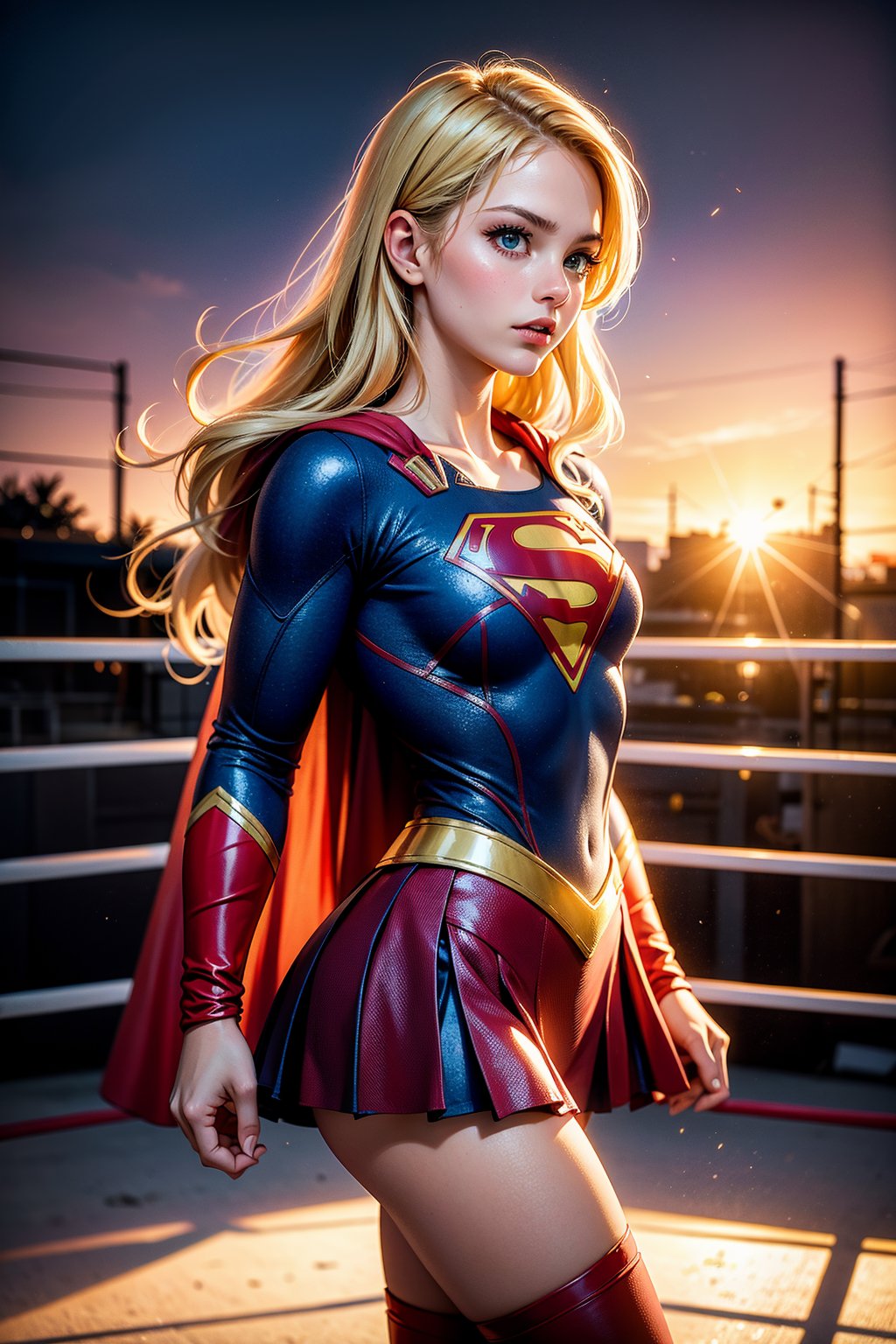 raw photo, (Supergirl), fashion photography of cute light blonde long hair girl (Supergirl), dressing high detailed Supergirl suit, (high resolution textures), in fighting stance, (in a wrestling ring), depth of field, detailed, sunset light passing through hair, perfect sunset, losspgirl