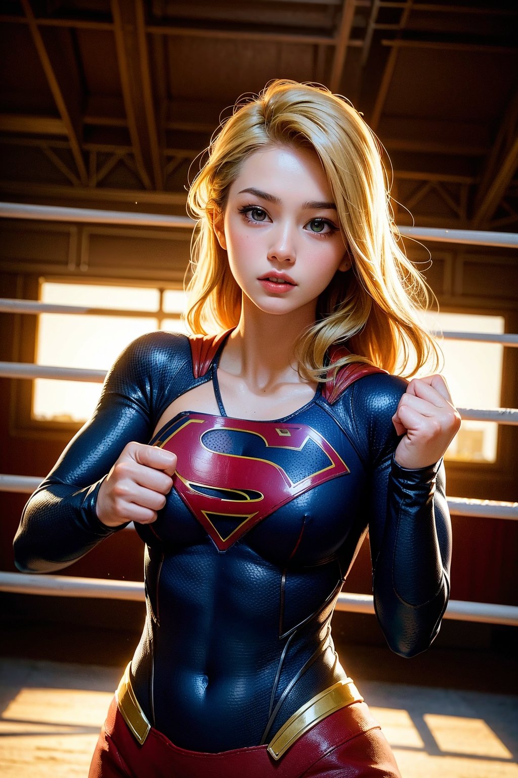 raw photo, (Supergirl), fashion photography of cute light blonde long hair girl (Supergirl), dressing high detailed Supergirl suit, (high resolution textures), in fighting stance, (in a wrestling ring), depth of field, detailed, sunset light passing through hair, perfect sunset, losspgirl