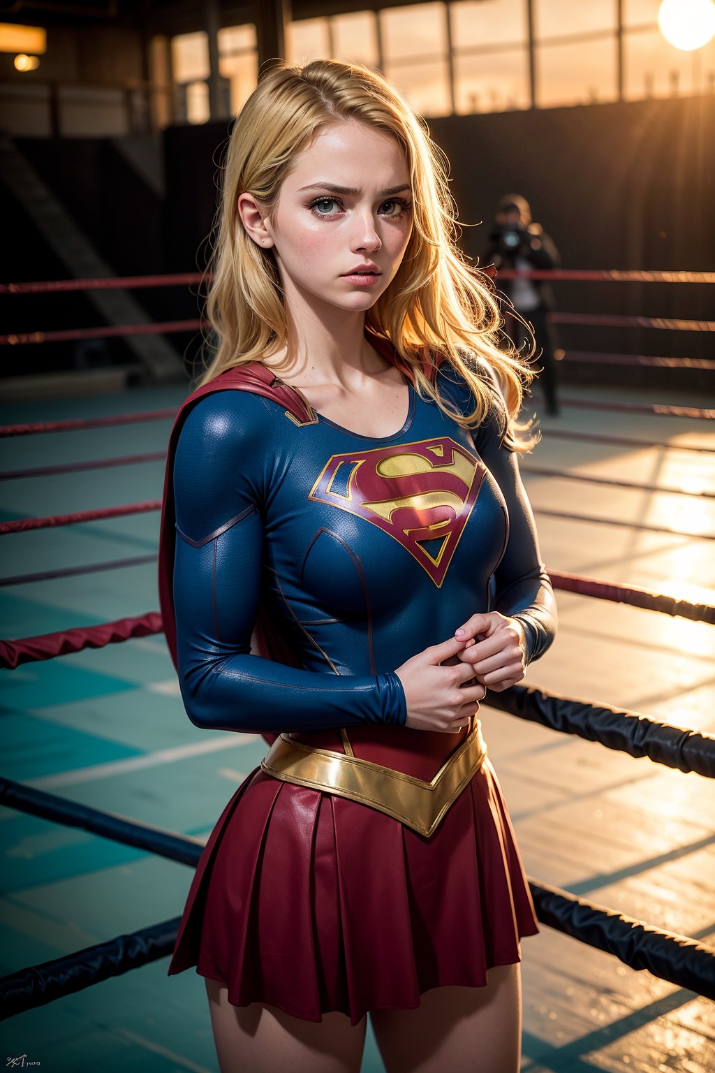 raw photo, (Supergirl), fashion photography of cute light blonde long hair girl (Supergirl), dressing high detailed Supergirl suit, (high resolution textures), in a defeated pose, (in a wrestling ring), humiliated by the spectator, depth of field, detailed, sunset light passing through hair, perfect sunset, losspgirl