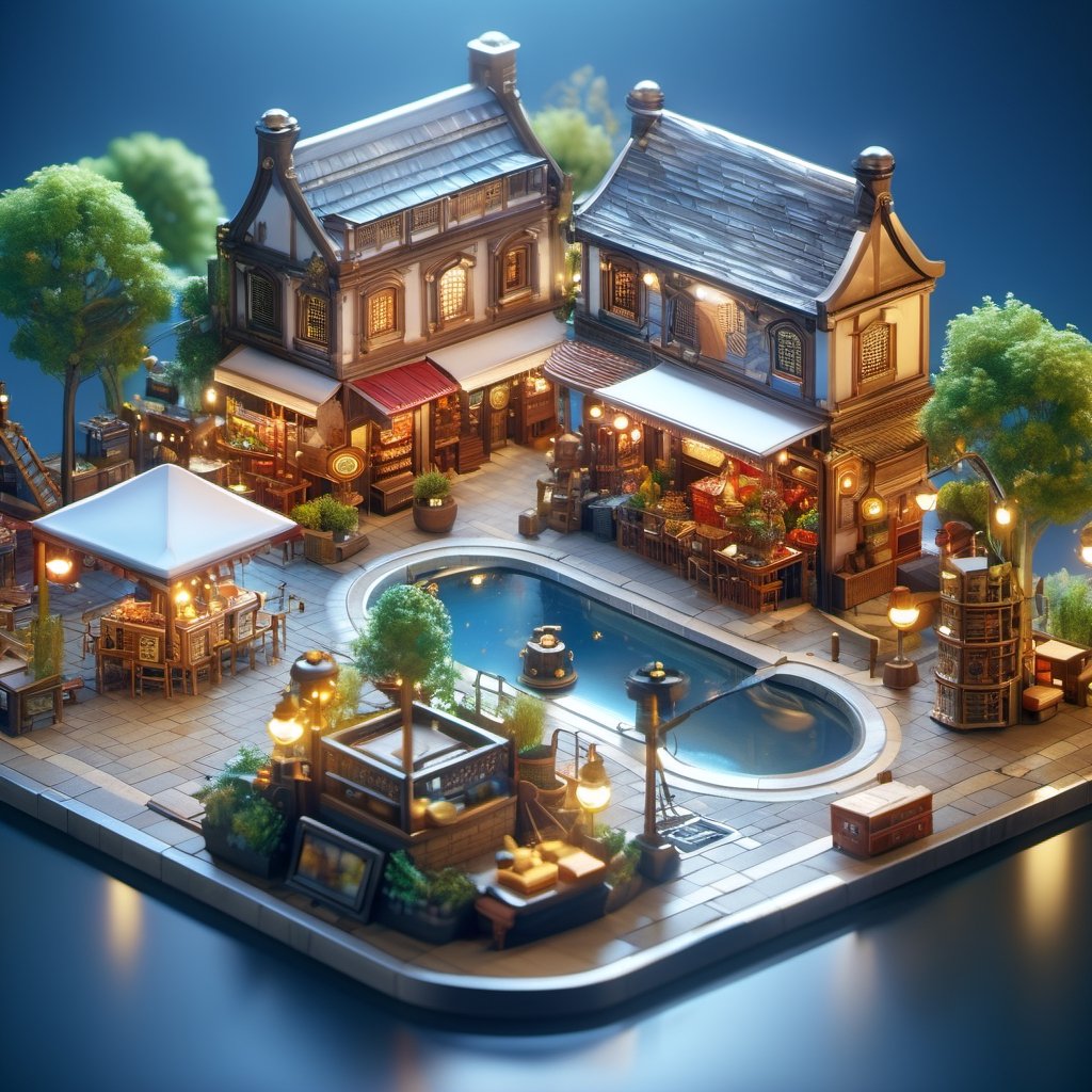 8k, RAW photos, top quality, masterpiece: 1.3),
Night market
, miniature, landscape, depth of field, ladder,  from above, English text,architecture, tree, potted plants, isometric style, simple background, white background,3d isometric,steampunk style,ff14bg,DonMSt33lM4g1cXL,DonMD0n7P4n1cXL