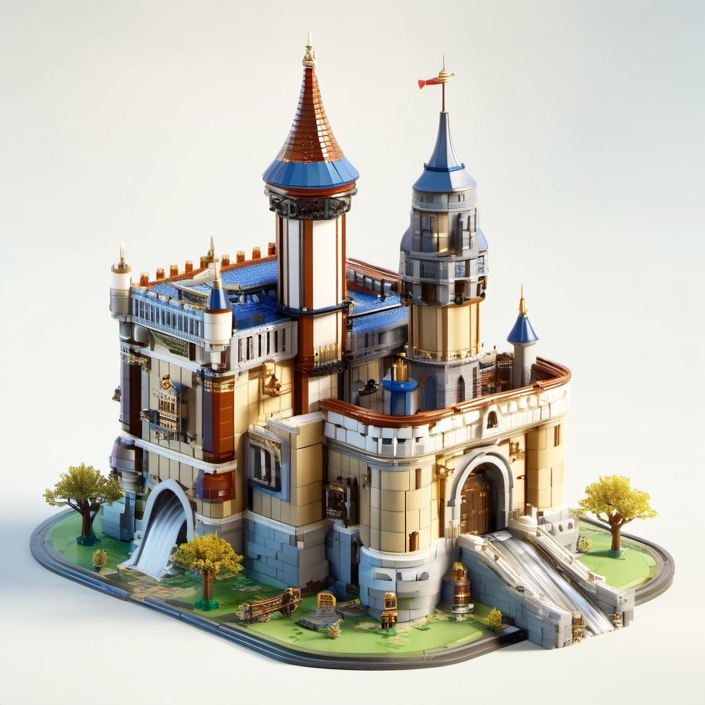 8k, RAW photos, top quality, masterpiece: 1.3),
 medieval tower,Citadel,Fortress,Fortified city
, miniature, landscape, depth of field, ladder,  from above, English text, isometric style, simple background, white background,3d isometric,steampunk style,ff14bg,DonMSt33lM4g1cXL,DonMD0n7P4n1cXL,LEGO MiniFig