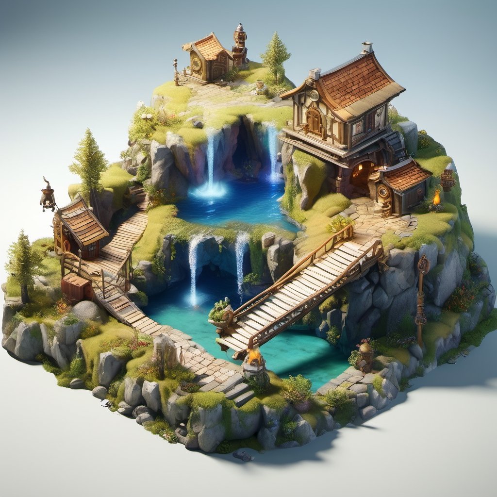 8k, RAW photos, top quality, masterpiece: 1.3),
A fantasy fairy village
, miniature, landscape, depth of field, ladder,  from above, English text,Ore, cave, torch,Underground lake, isometric style, simple background, white background,3d isometric,steampunk style,ff14bg,DonMSt33lM4g1cXL,DonMD0n7P4n1cXL