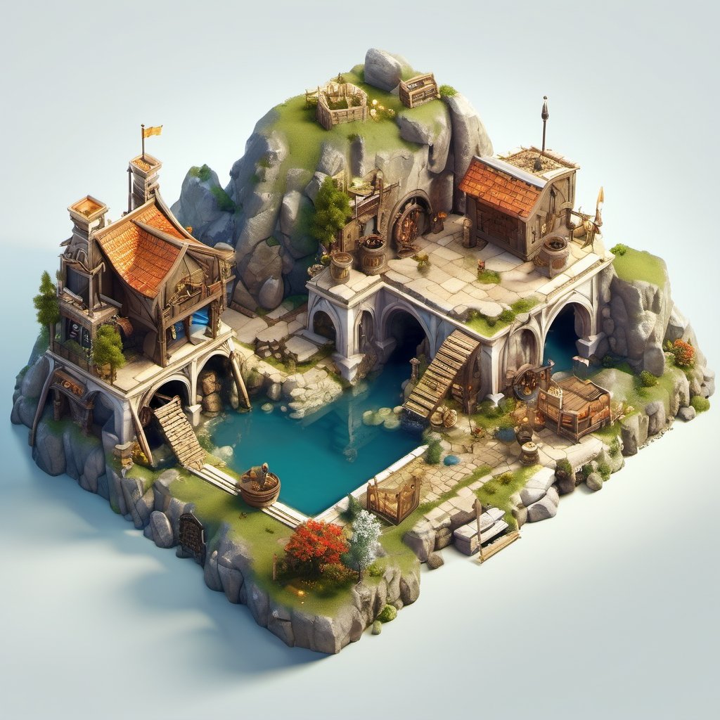 8k, RAW photos, top quality, masterpiece: 1.3),
Medieval guild
, miniature, landscape, depth of field, ladder,  from above, English text,Ore, cave, torch,Underground lake, isometric style, simple background, white background,3d isometric,steampunk style,ff14bg,DonMSt33lM4g1cXL,DonMD0n7P4n1cXL