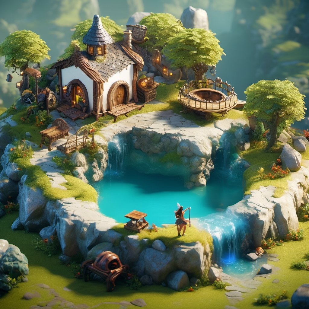 8k, RAW photos, top quality, masterpiece: 1.3),
A fantasy fairy village
, miniature, landscape, depth of field, ladder,  from above, English text,Ore, cave, torch,Underground lake, isometric style, simple background, white background,3d isometric,steampunk style,ff14bg,DonMSt33lM4g1cXL,DonMD0n7P4n1cXL