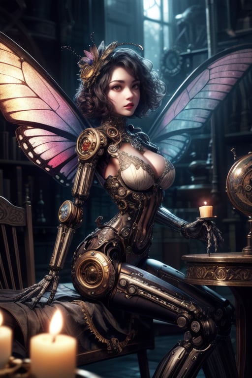 In the dimly lit, ornate chamber of a mystical steampunk realm, a faerie girl with delicate features and iridescent butterfly wings sprawls amidst a tapestry of gears and cogs. A robot cat, its mechanical limbs splayed in relaxation, rests beside her as candlelight dances across their faces. The soft glow casts a warm ambiance, rendering the intricate details of the steampunk contraptions and the faerie's ethereal wings in exquisite 8K HDR resolution, with an impressive bokeh effect blurring the background.