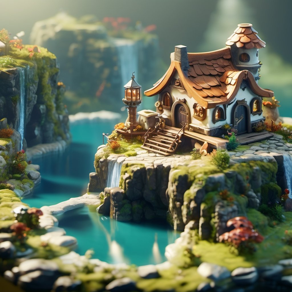 8k, RAW photos, top quality, masterpiece: 1.3),
A fantasy fairy village
, miniature, landscape, depth of field, ladder,  from above, English text,Ore, cave, torch,Underground lake, isometric style, simple background, white background,3d isometric,steampunk style,ff14bg,DonMSt33lM4g1cXL,DonMD0n7P4n1cXL