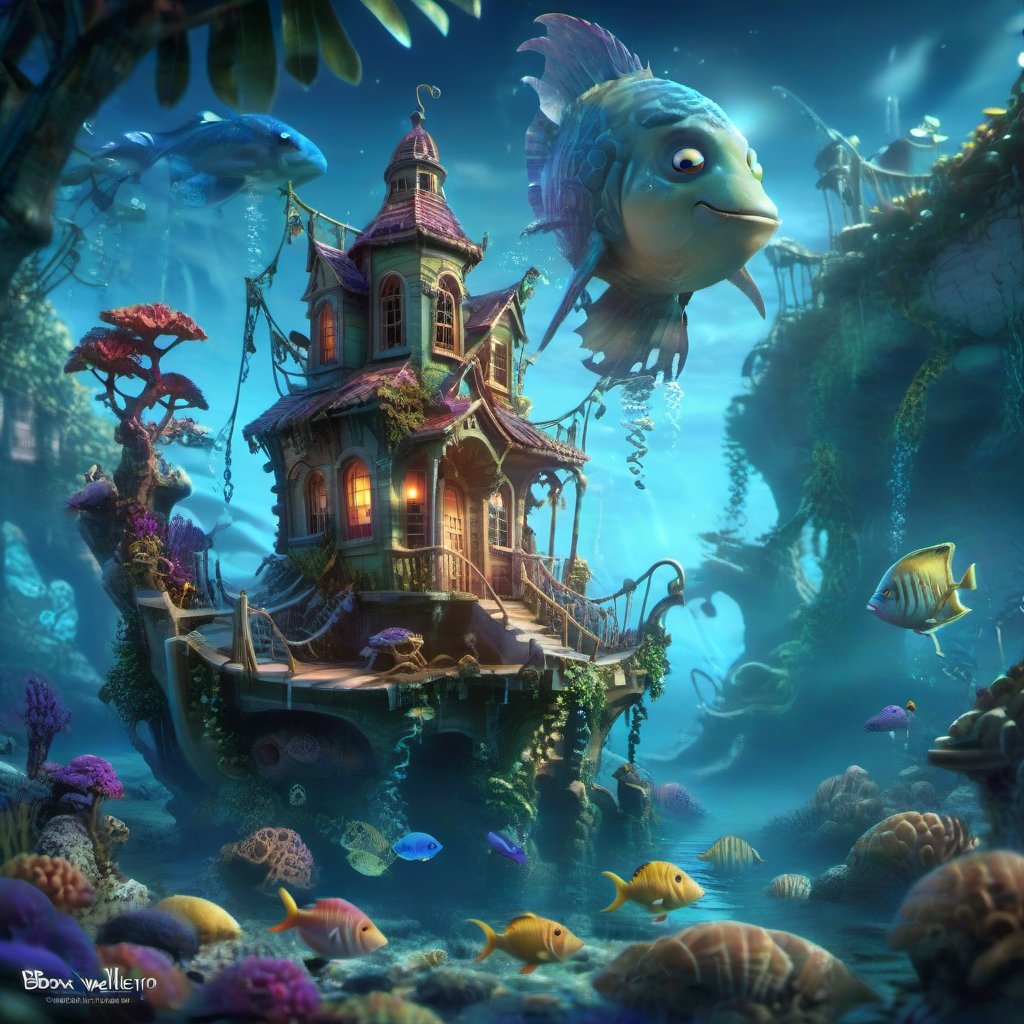 MAGICAL cute STORYBOOK tropical bay , shabby STYLE lovely house on the tropical bay ON THE book PAGE, summer, tropical fish in the water. Modifiers: highly detailed dof trending on cgsociety steampunk fantastic view ultra detailed 4K 3D whimsical Storybook beautifully lit etheral highly intricate stunning color depth disorderly outstanding cute illustration cuteaesthetic Boris Vallejo style shadow play The mood is Mysterious and Spellbinding, with a sense of otherworldliness otherwordliness macro photography style LEONARDO DIFFUSION XL STYLE vintage-boho