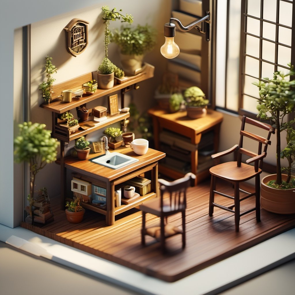 8k, RAW photos, top quality, masterpiece: 1.3), Manchester , miniature, landscape, depth of field, ladder, table, from above, English text, chair, lamp, coffee, architecture, tree, potted plants, isometric style, simple background, white background,3d isometric