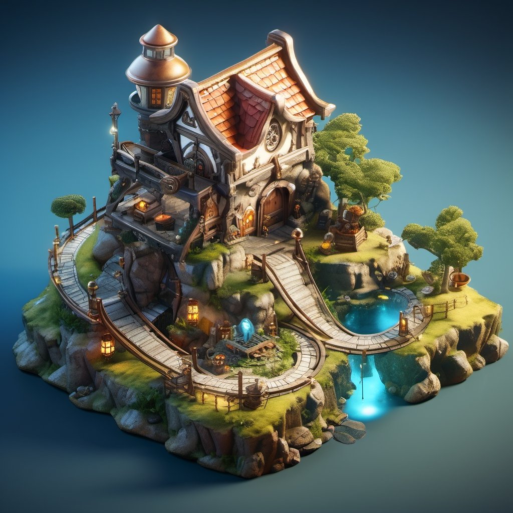 8k, RAW photos, top quality, masterpiece: 1.3),
A fantasy fairy village
, miniature, landscape, depth of field, ladder,  from above, English text,Ore, cave, torch,Underground lake, isometric style, simple background, white background,3d isometric,steampunk style,ff14bg,DonMSt33lM4g1cXL,DonMD0n7P4n1cXL