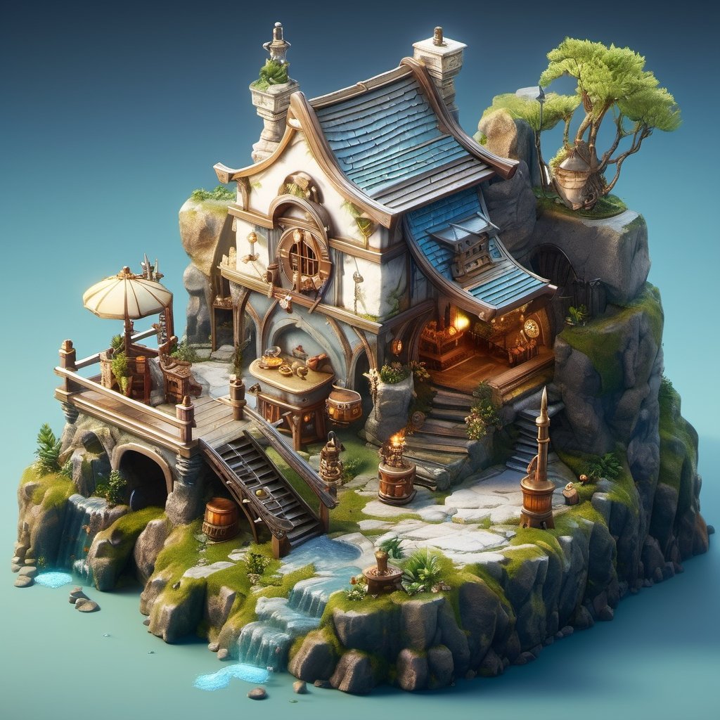 8k, RAW photos, top quality, masterpiece: 1.3),
A fantasy fairy village
, miniature, landscape, depth of field, ladder,  from above, English text,Ore, cave, torch,Underground lake, isometric style, simple background, white background,3d isometric,steampunk style,ff14bg,DonMSt33lM4g1cXL,DonMD0n7P4n1cXL