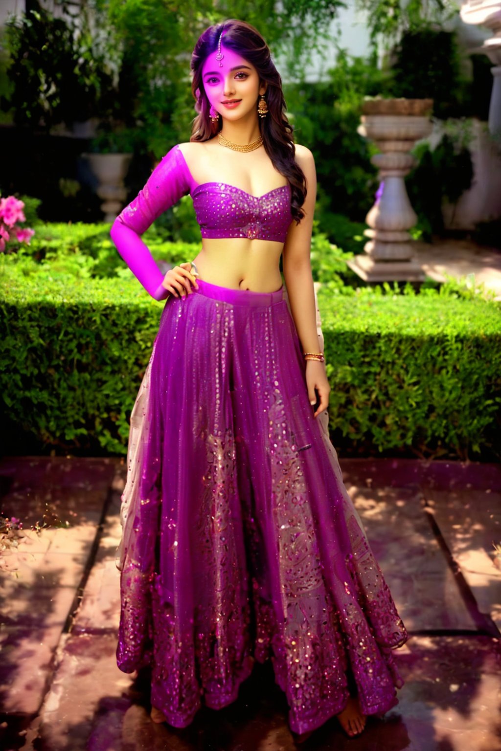  20 year old Indian girl , Indian, brown long hair, standing in garden, sweetheart, Wear Indian lehnga choli, glowing fare skin, photo realistic, ultra realistic, sexy brown eyes, cute smile, Indian fashion mode, dancing, photo realistic, indian actress, looking camera,, feeling good ,Details indian girl ,zari00lehnga0