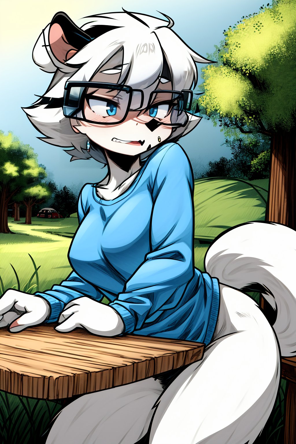 young black and white squirrel girl, traditional drawing, 2d, 4k, high definition, 1.2, high resolution, ultra detailed, detailed, furry drawing, wears glasses, blue shirt, funny attitude, is not wearing pants, is in a sexy pose next to a camping table