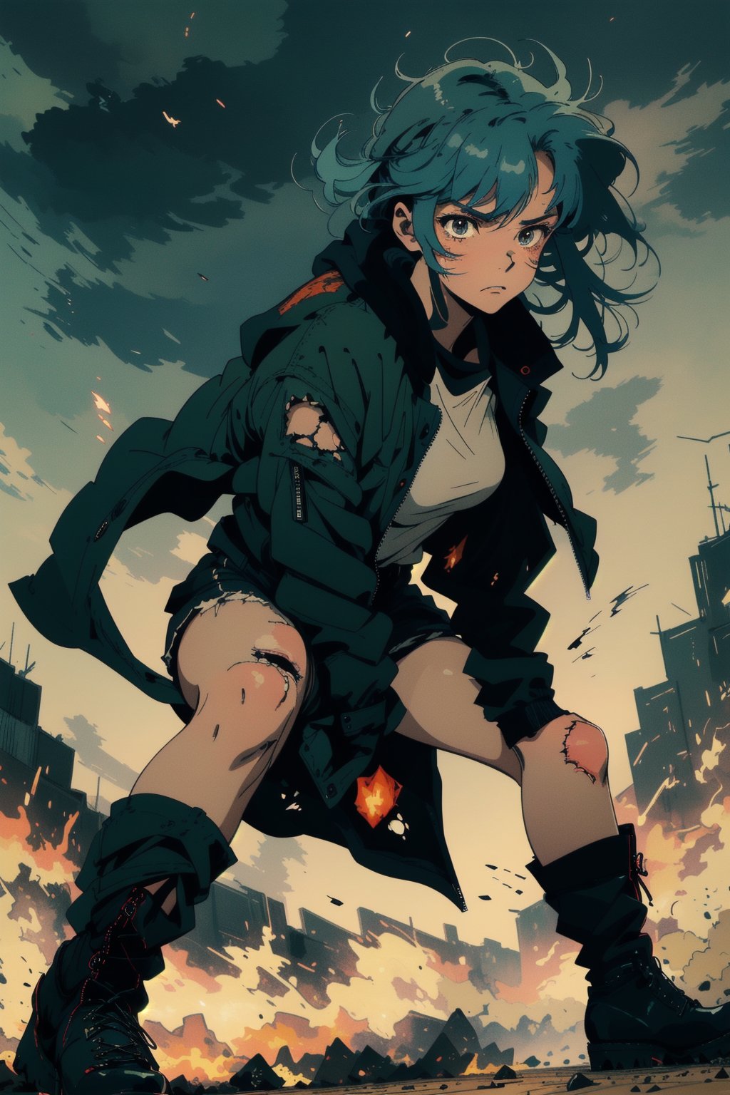 Anime-style illustration of a young woman in a serious combat pose, flying through a dramatic sky. She has disheveled blue hair with visible streaks of blood and intense brown eyes. Her clothing is tattered and torn, with visible damage to her jacket and outfit. Her combat boots are covered in blood, adding to the gritty, intense atmosphere. Her face has several cuts and bruises, reflecting the aftermath of a fierce battle. She is in a dynamic combat stance, as if engaged in a high-stakes fight in the sky. The background features a tumultuous sky with dark storm clouds and flashes of lightning, emphasizing the chaos of the battle. The art style is detailed and dramatic, focusing on the contrast between the dark, stormy background and the character’s intense expression and battle-damaged appearance.