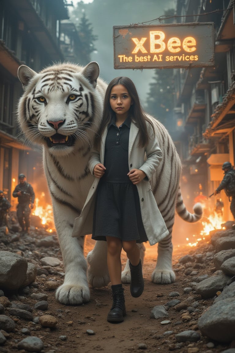 High quality, realistic, 4k, masterpiece, realistic skin,
8-12 year old girl,Beautiful girl white pale, long black hair, wearing a black dress and a long white coat, supporting her back on a huge white tiger with angry yellow eyes, in the background the ruin and destruction of war, explosions, fires and special forces soldiers,The sign reads 'xBee The best AI services' in bold