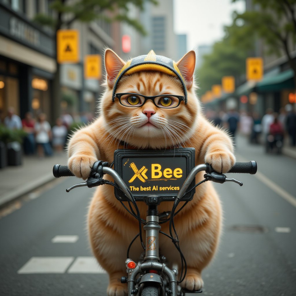 1 fat cat riding a bicycle
, photography, best quality, medium shot,The sign reads 'xBee The best AI services' in bold