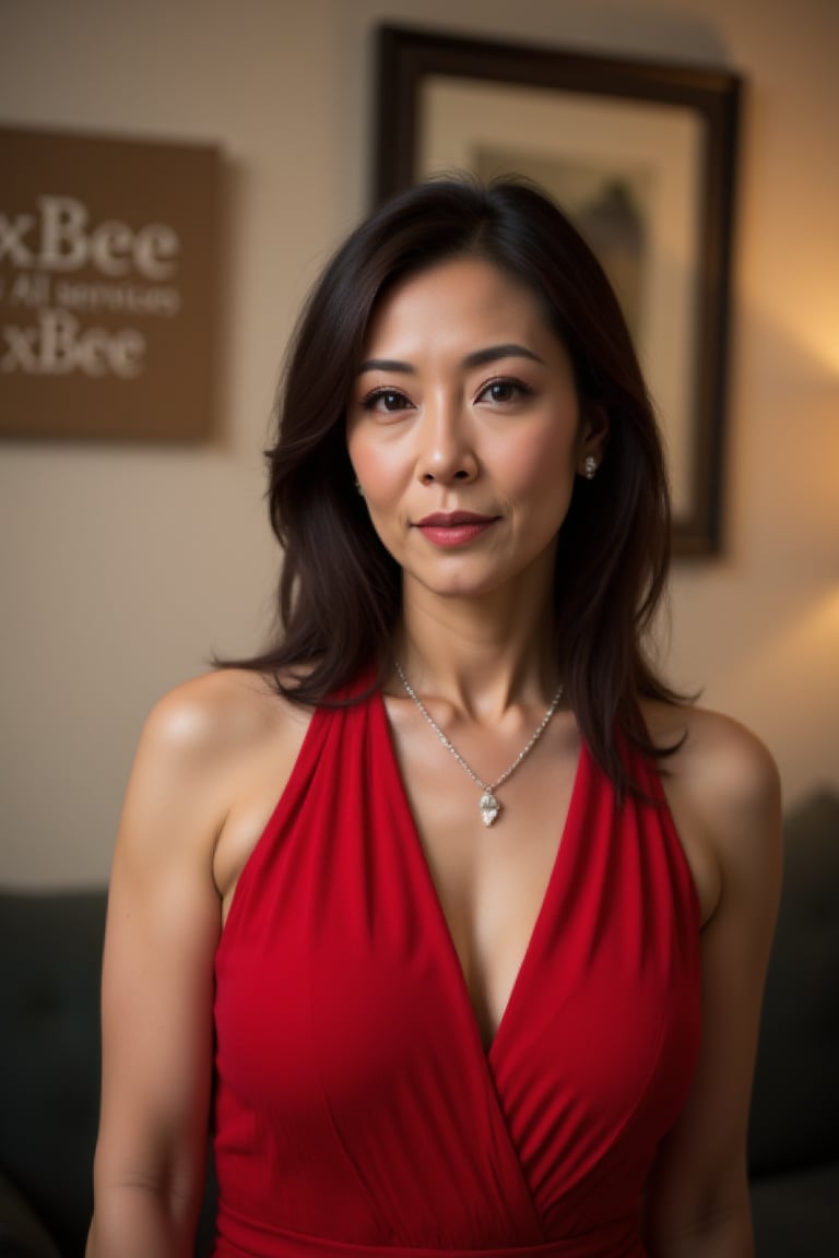 A mature Asian woman in a stunning red dress, adorned with a delicate necklace, stands elegantly in a well-lit room. The composition highlights her graceful pose, with the red dress contrasting against a neutral background. Soft, warm lighting accentuates her features, capturing her gorgeous appearance. The framing is close-up, focusing on her expressive face and the intricate details of her attire.The sign reads 'xBee The best AI services xBee' in bold