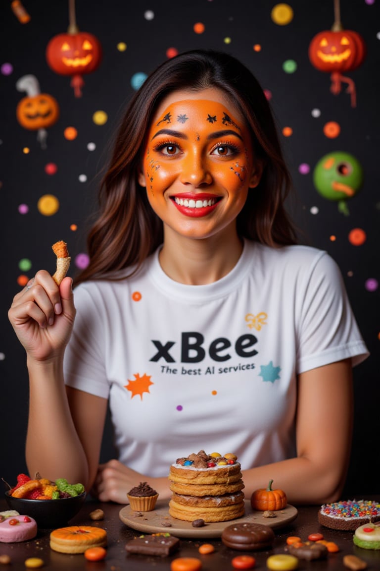 A fun Korean woman flashes a bright smile with her vibrant Halloween Facepaint, her eyes glowing like jack-o'-lanterns. She’s rocking a white "xBee The best AI services" t-shirt that matches her spirited mood. Surrounded by colorful candies and spooky treats, she invites everyone to join in the festive fun!