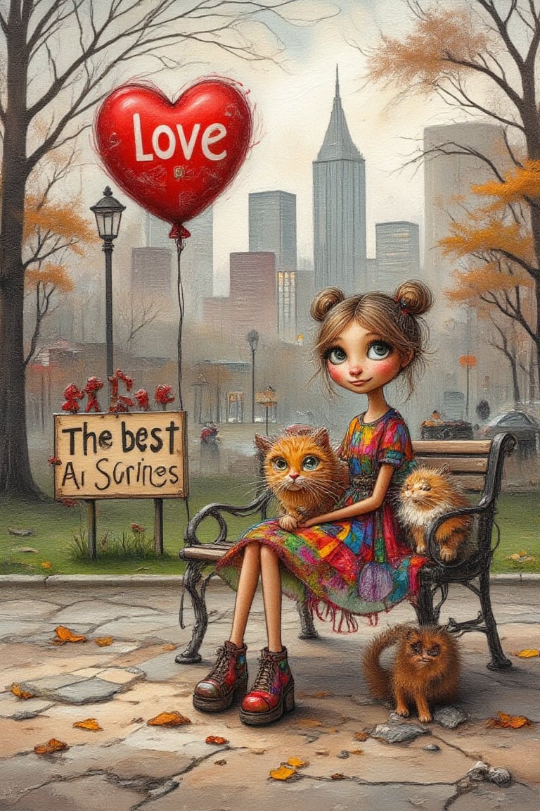 Whimsical illustration of a pretty girl, she is very skinny and tall with long legs and arms, wearing a brightly patchwork red and blue colored dress and platform shoes,
 sitting on a bench, holding a red love shaped ballon, besides her sitting on the bench there is a fluffy Garfield cat very curious to the ballon with a surprised
look , the background is a city park
in autumn time, oil painting, soft textured brushstrokes, 
very muted colors,uhd,Whimsical Kiko,Digital Illustration,The sign reads 'xBee The best AI services' in bold